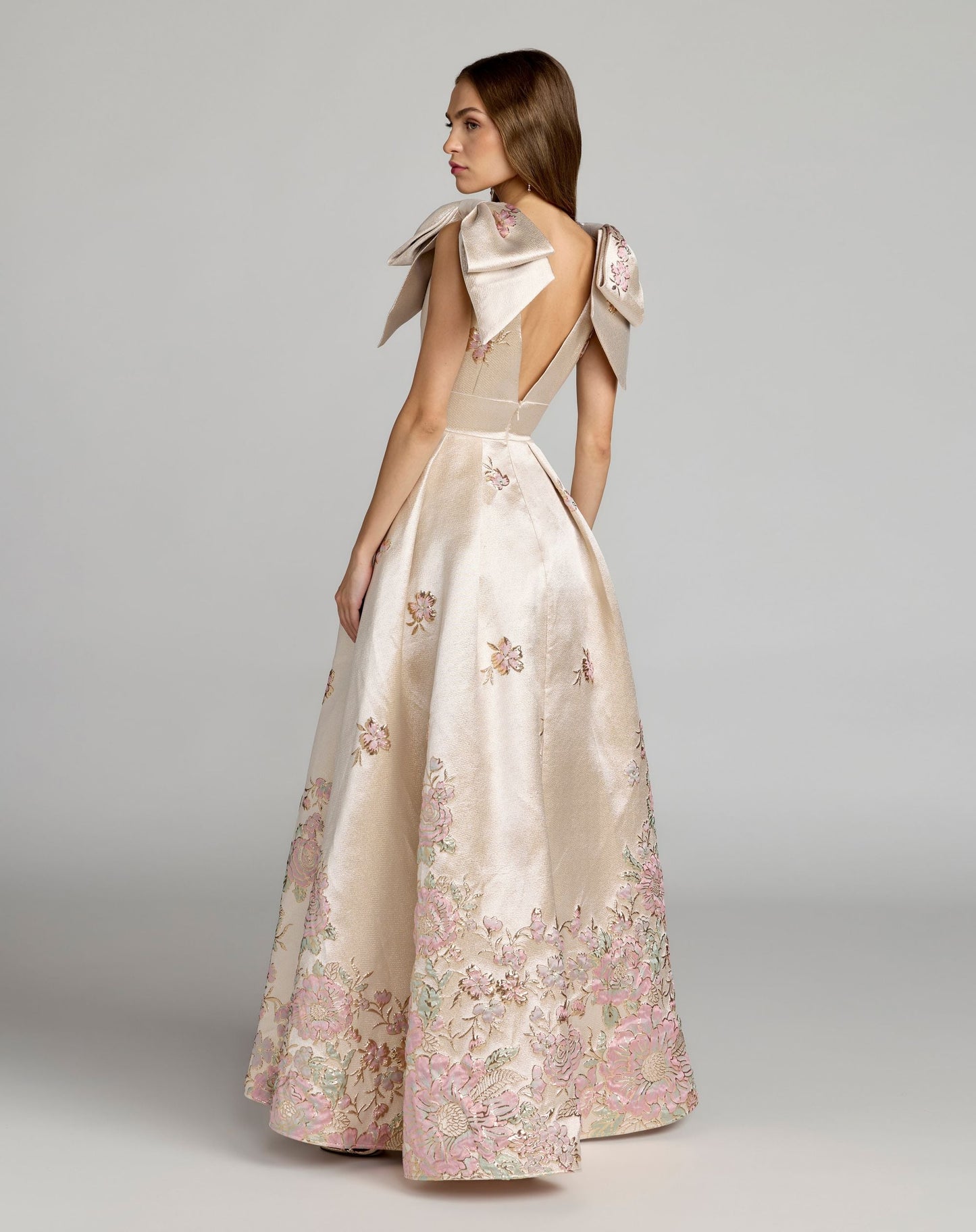 Ivory Brocade V Neck Ball Gown With Bow Straps