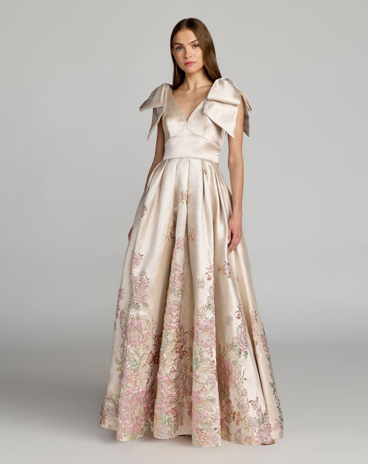 Ivory Brocade V Neck Ball Gown With Bow Straps