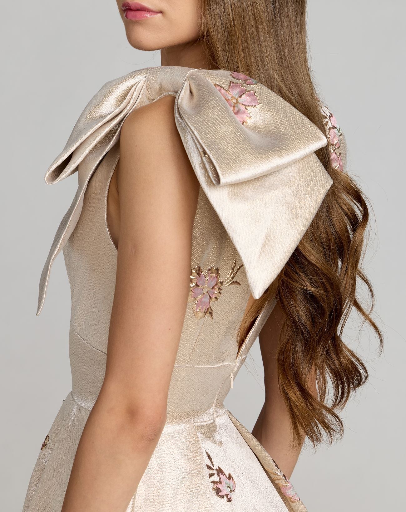 Ivory Brocade V Neck Ball Gown With Bow Straps