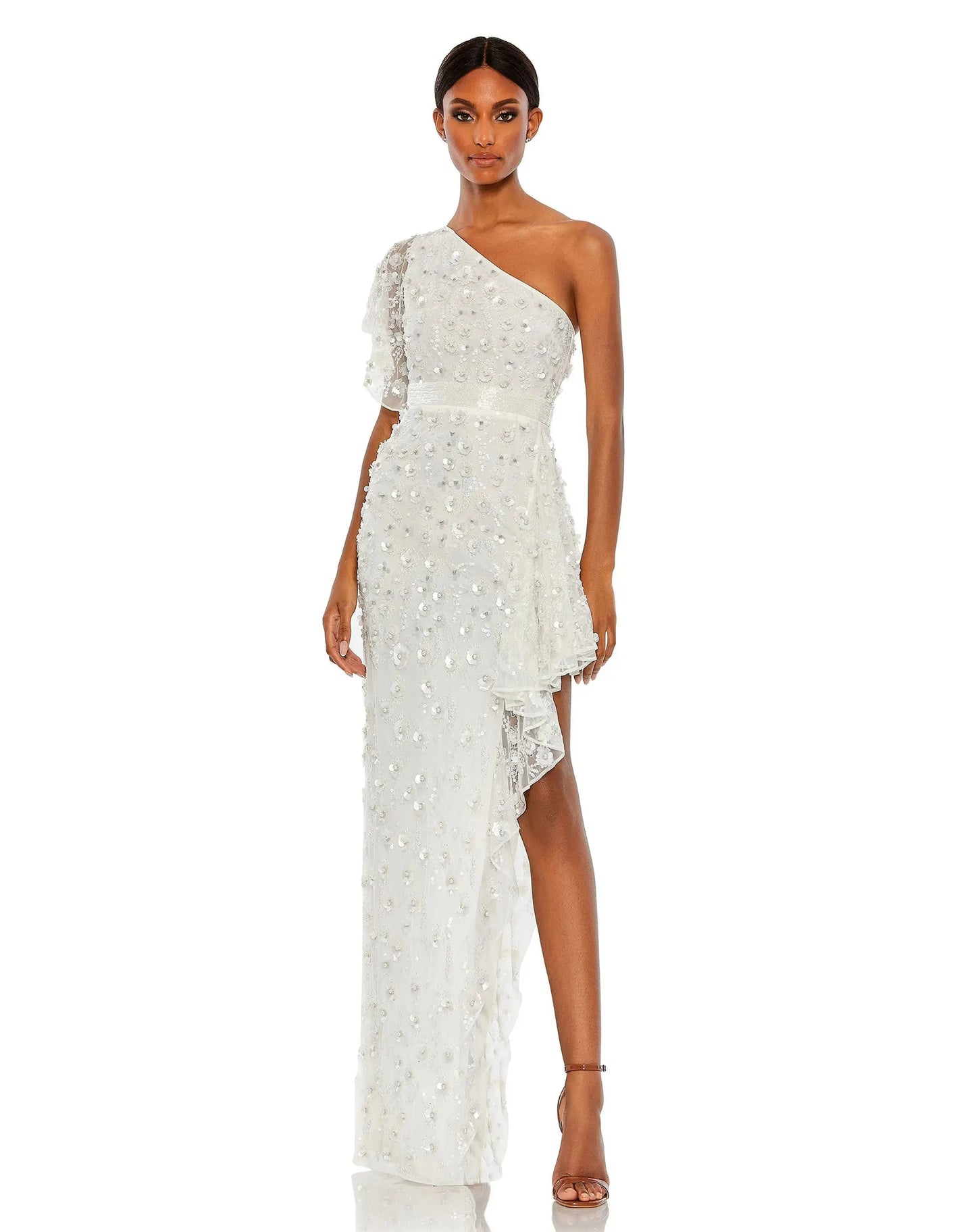 White One Shoulder Beaded Embellished Gown with Asymmetrical Hem