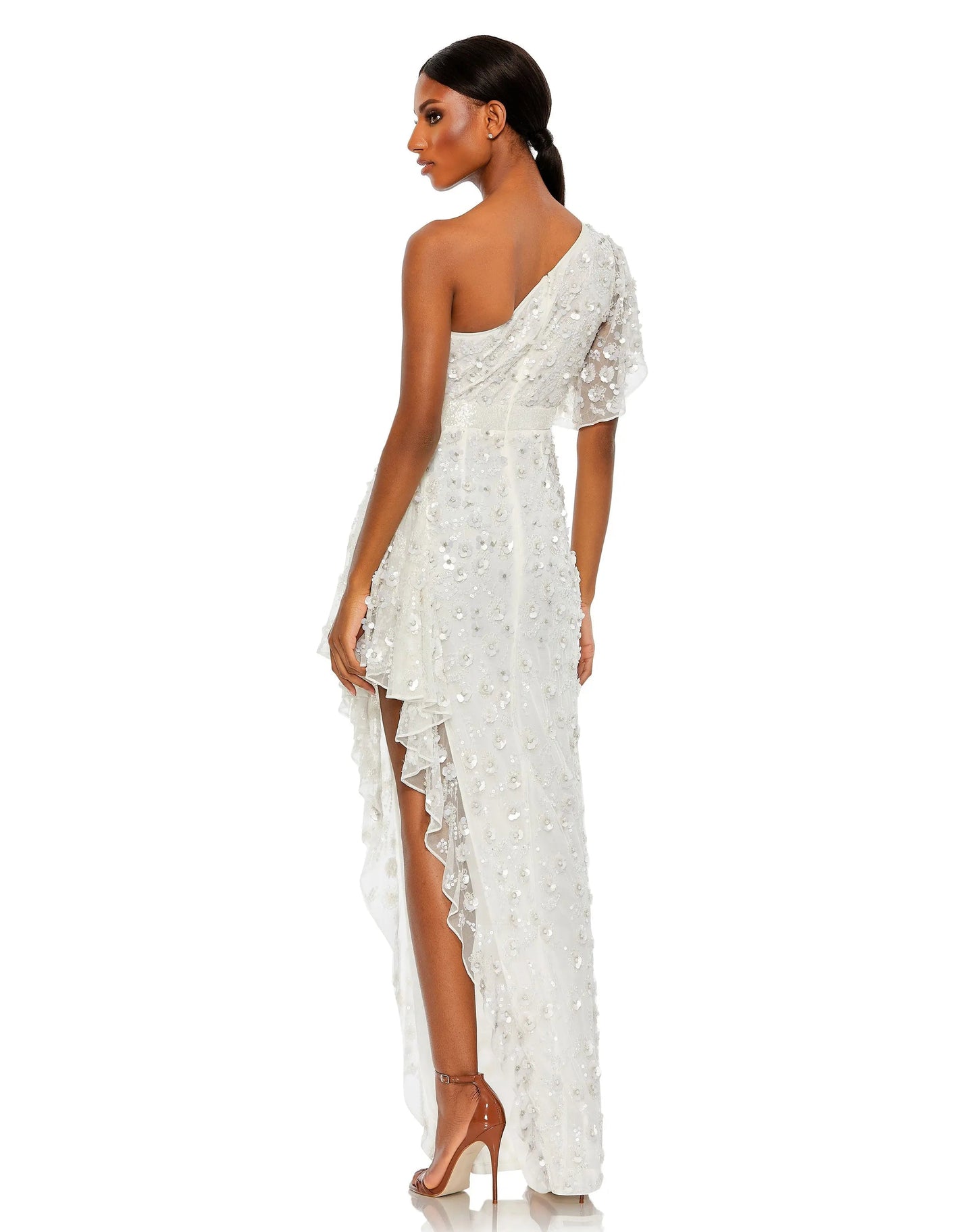 White One Shoulder Beaded Embellished Gown with Asymmetrical Hem